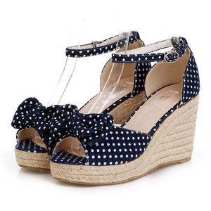 リボン付ウエッジソール・水玉ミュール/紺色36サイズ