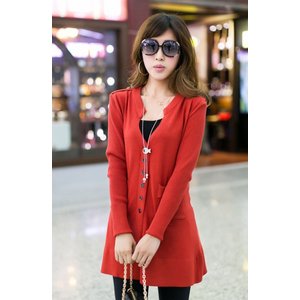 肩章付き・ロング丈・ニットカーディガン/橙色