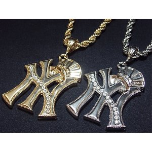 メンズネックレス・HipHop・B系ストーン入りNY・ハット/シルバー×クリアー