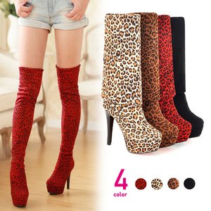 ヒョウ柄・厚底ストーム・ハイヒール・ニーハイブーツ/黄色38