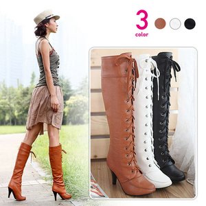 フェイクレザー・レースアップ・ハイヒール・ロングブーツ/黒39