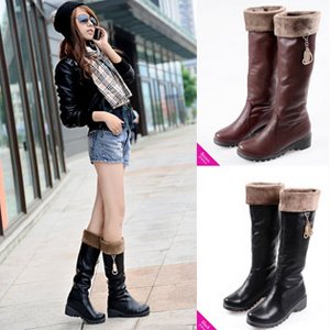 フェイクレザー・ムートンロングブーツ/黒色34