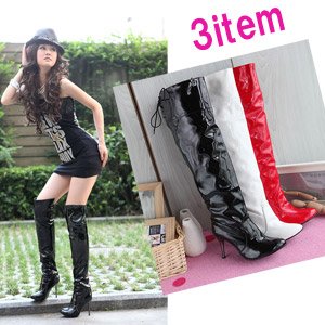 レースアップ・エナメル・ハイヒール・ニーハイブーツ/黒39