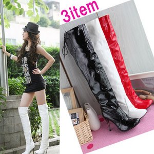 レースアップ・エナメル・ハイヒール・ニーハイブーツ/白38