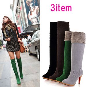 スウェード調ハイヒール・ニーハイブーツ/グリーン38