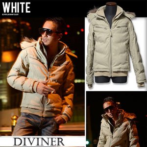 冬の大本命アウター★【DIVINER】3WAYリアルファーフード湿式PUレザー中綿ダウンタイプジャケット/ホワイトMサイズ