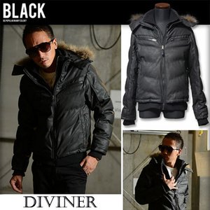 冬の大本命アウター★【DIVINER】3WAYリアルファーフード湿式PUレザー中綿ダウンタイプジャケット/ブラックMサイズ