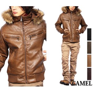 ファー付き中綿ブルゾン/キャメルLサイズ 