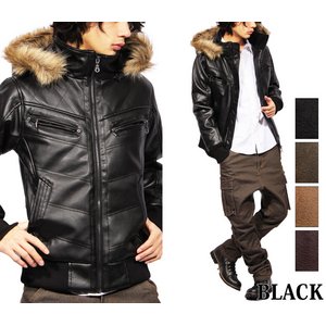 ファー付き中綿ブルゾン/ブラックXLサイズ 