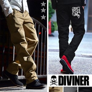 【DIVINER】スタースタッズクロス刺繍ツイルチノパンツ/ブラックMサイズ