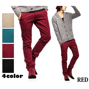  細身ワークコットンカラースキニーチノパン/レッドMサイズ 