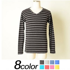 メンズ ボーダー カットソー / Tシャツ 長袖 Vネック ロンT ロングTシャツ 長袖Tシャツ/ブラックLサイズ