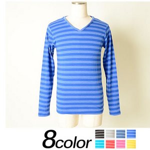 メンズ ボーダー カットソー / Tシャツ 長袖 Vネック ロンT ロングTシャツ 長袖Tシャツ/ブルーMサイズ