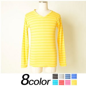メンズ ボーダー カットソー / Tシャツ 長袖 Vネック ロンT ロングTシャツ 長袖Tシャツ/イエローLサイズ