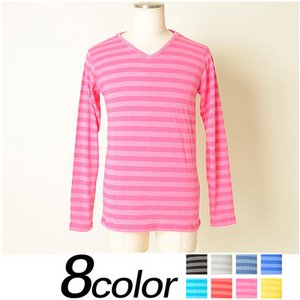 メンズ ボーダー カットソー / Tシャツ 長袖 Vネック ロンT ロングTシャツ 長袖Tシャツ/ピンクMサイズ