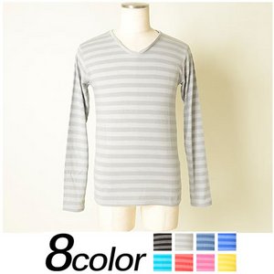 メンズ ボーダー カットソー / Tシャツ 長袖 Vネック ロンT ロングTシャツ 長袖Tシャツ/グレイLサイズ