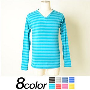 メンズ ボーダー カットソー / Tシャツ 長袖 Vネック ロンT ロングTシャツ 長袖Tシャツ/サックスLサイズ