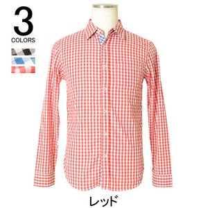 メンズ ギンガムチェック シャツ★チェックシャツ 長袖 カジュアル アメカジ コットン/レッドLサイズ