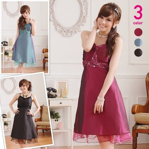 大きいサイズ有り/チュールヘムライン・サテンパーティードレス 紫XLサイズ