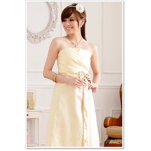 大きいサイズ有り/リボン付・ベアトップ・ロング丈パーティードレス 杏色XLサイズ