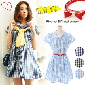 [2点SET]リボンベルト付★大人Girly♪ギンガムチェックシャツワンピース/ネイビーMサイズ