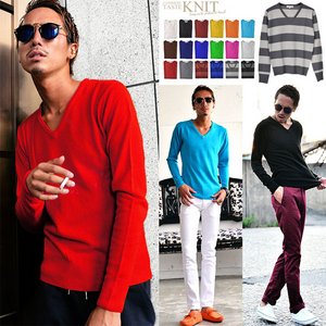 カシミアタッチアクリルVネックニットセーター/ライトグレーMサイズ