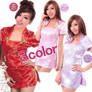 『3color』花柄仕上げワンピース風チャイナドレス＆Tショーツ（2点）/紫