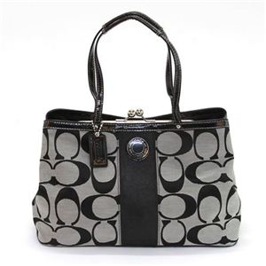 Coach（コーチ） シグネチャーストライプ フレームドキャリーオール がま口 ショルダーバッグ グレー／ブラック F19190 SBWBK