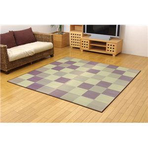 純国産 い草ラグカーペット 『Fブロック2』 パープル 約191×191cm（裏：ウレタン）