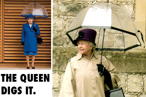 Queen of England with Fulton Birdcage Umbrellas