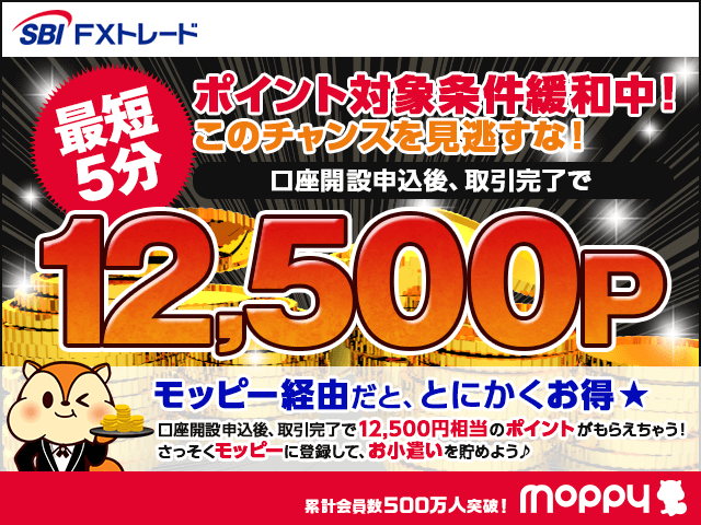 モッピー経由で口座開設・取引完了で12,500P!SBI FXトレード