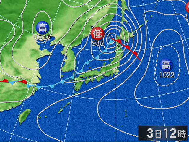 財団法人日本気象協会提供による最新の天気図
