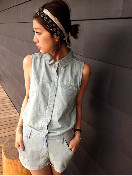 (トゥデイフル)通販 |Denim Shirt Rompers