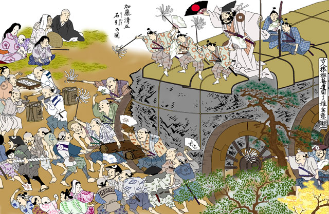 加藤清正 名古屋城石引きの図(モノクロの尾張名所図会をデジタルでイメージ着色)