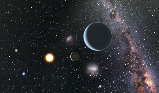芸術イラスト：できる場所のことができますから7924太陽系外惑星系近距離からとスターHDの周りにはそれは、太陽系のビューの方向を実行しますそのHD 7924の周りの惑星の上に立って、観察者は、このようなサザンクロスやマゼラン雲の大きさなどの南の空のオブジェクトの一部が表示され、太陽はかなり明るい星である。これによりスターHD 7924に北の空に位置して出を参照してください。上の太陽の位置に非常に近い位置 