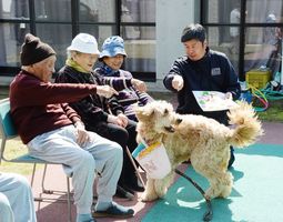 施設利用者と一緒にセラピードッグとふれあう岡武さん（右）＝３月、熊本県西原村ののぎく荘