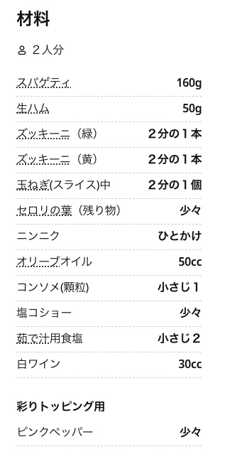 “生ハムとズッキーニのパスタ”