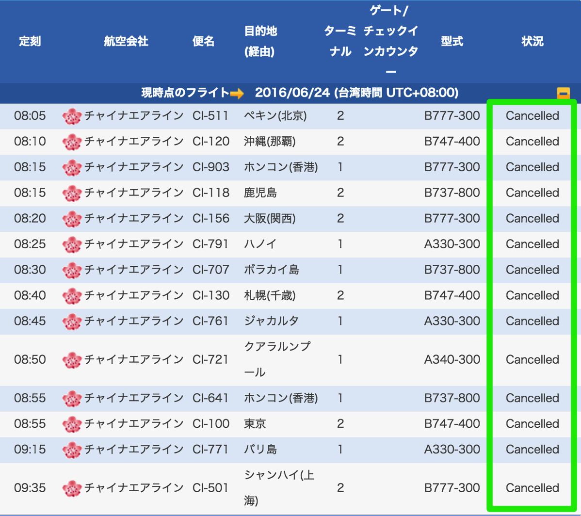 中華航空：24日(金)に桃園空港を出発するフライトを全便欠航