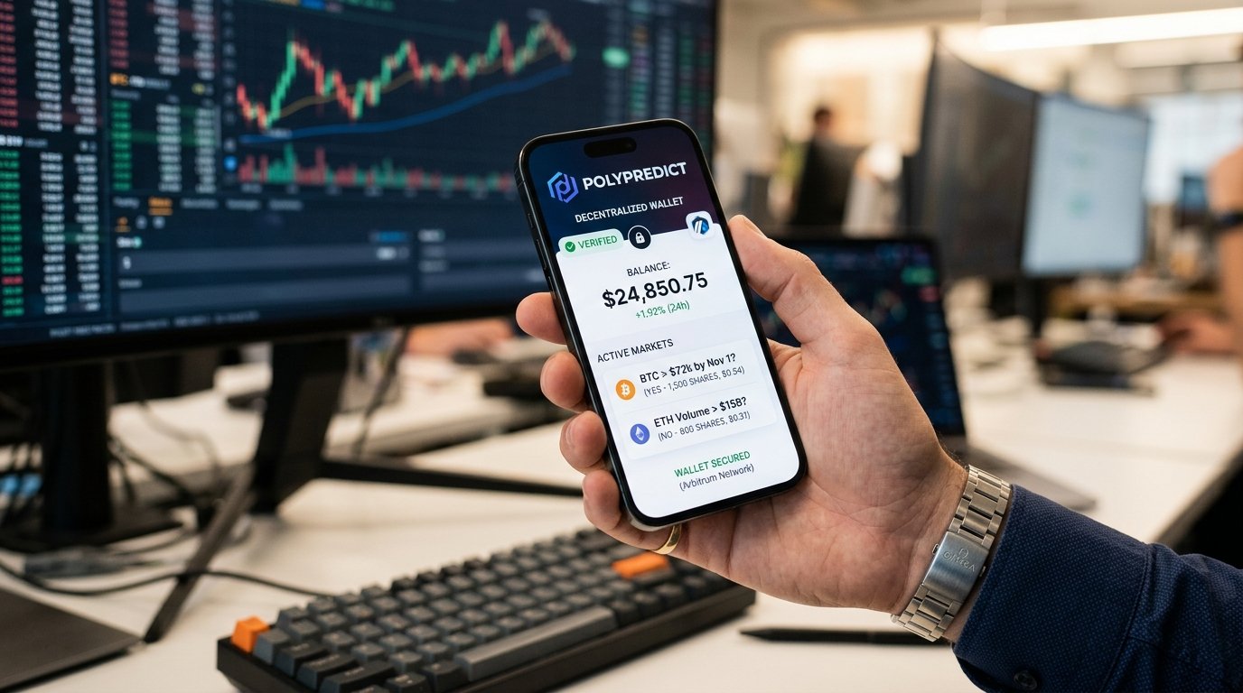 A smartphone screen displaying an active decentralized Web3 wallet linked to Buy verified polymarket accounts prediction pools