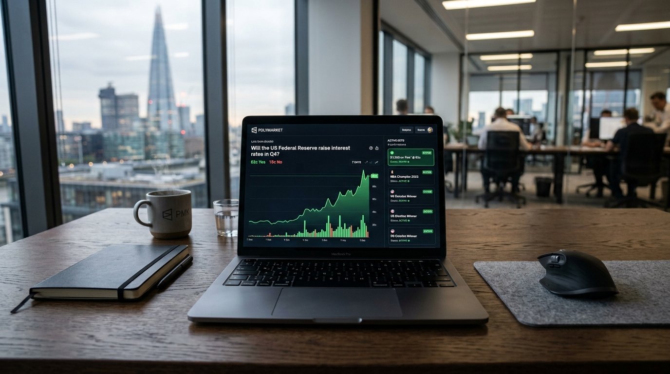 A premium laptop displaying a secure, active Polymarket prediction trading dashboard on an office desk verified buy polymarket accounts