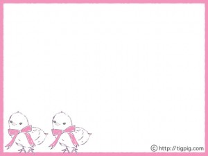 フリー素材:フレーム;ガーリーな鉛筆画の大きなピンクのリボンのひよこ2匹;640×480pix 