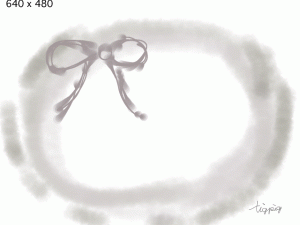 フリー素材:飾り枠;モノトーンの大人可愛いりぼんと水彩のにじみの楕円;640×480pix