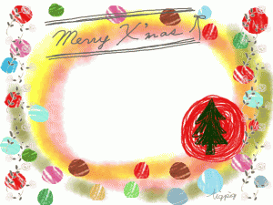 クリスマスの大人可愛いフリー素材:フレーム;水彩のにじみとスクラッチグの水玉と薔薇とMerry X'masの手書き文字;640×480pix 