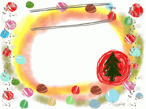 フリー素材:フレーム;ラフなラインとリボンとポップな水玉ととクリスマスツリー薔薇と水彩のにじみの飾り枠;640×480pix 