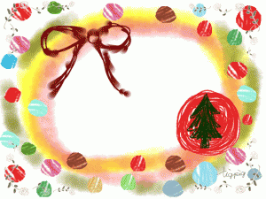 クリスマスのフリー素材:フレーム;大人かわいいブラウンのリボンと水彩風のにじみと水玉とクリスマスツリーと薔薇;640×480pix