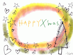 大人可愛いフリー素材:フレーム;手書きの星とハートとクリスマスツリーと水彩風のにじみとHAPPY X'masの手書き文字;640×480pix