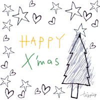 アイコン,バナー(twitter)のフリー素材;モノトーンの手書きの星とハートとクリスマスツリーとHAPPY X'masの手書き文字;200×200pix 