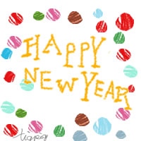 年賀状,アイコン,バナー(twitter)の無料素材:カラフルな水玉とHAPPY NEW YEARの手書き文字の;200×200pix
