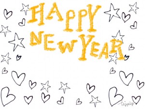 年賀状の大人可愛いフリー素材:モノトーンの手描きの星とハートとHAPPY NEW YEARの手書き文字;640×480pix 