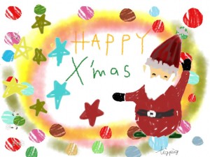 クリスマスのフリー素材:ポップなサンタクロースと水玉と水彩風のにじみの無料イラスト;640×480pix